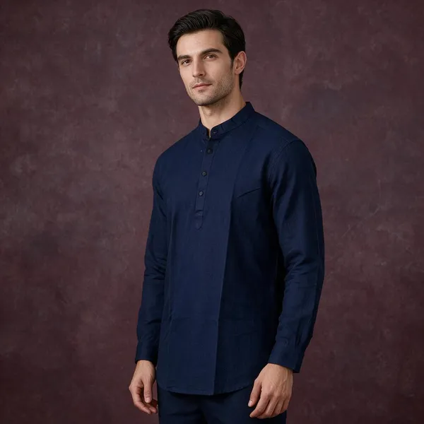 Navy_Blue_Linen_Mandarin_Collar_Kurta_For_Men
