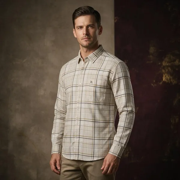 Cream_Linen_Oxford_Checkered_Long_Sleeve_Shirt_For_Men