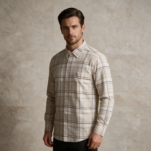 Cream_Linen_Oxford_Checkered_Long_Sleeve_Shirt_For_Men
