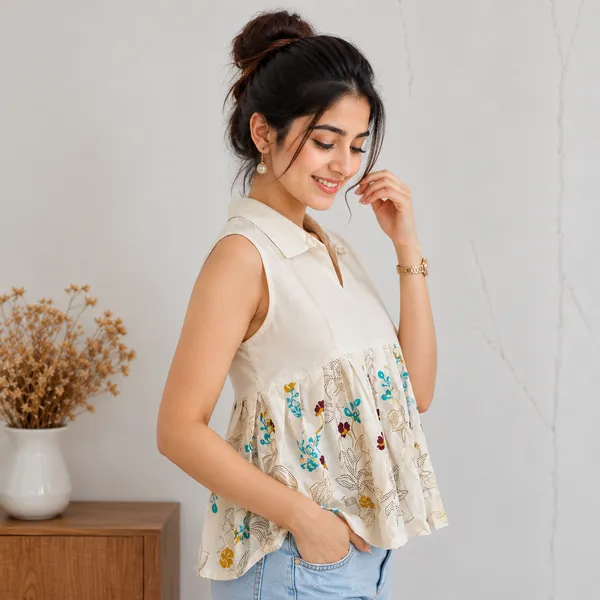 Cream_Khadi_Cotton_Floral_Print_Sleeveless_Peplum_Top_For_Women