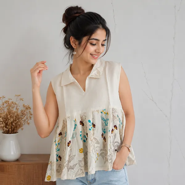 Cream_Khadi_Cotton_Floral_Print_Sleeveless_Peplum_Top_For_Women