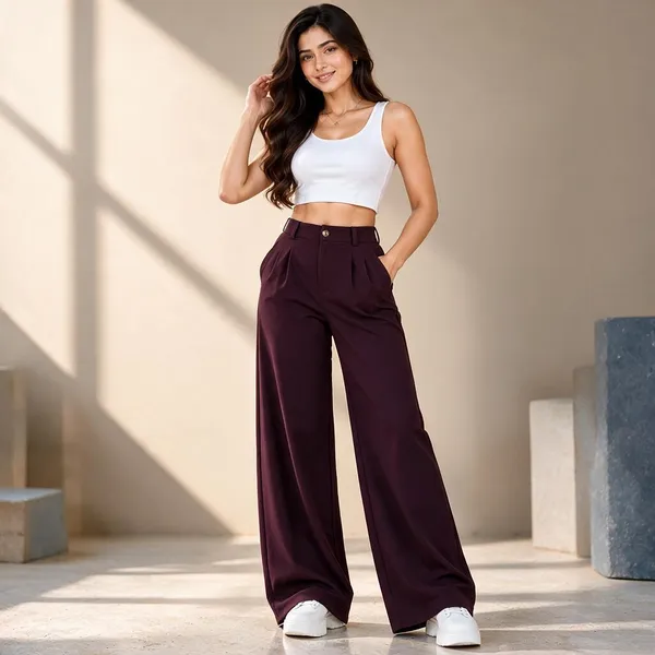 Maroon_Khadi_Cotton_Wide_Leg_Korean_Pants_For_Women