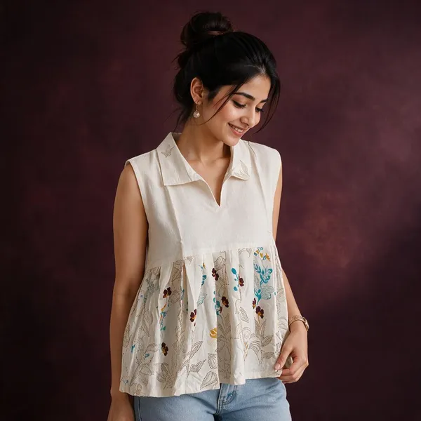Cream_Khadi_Cotton_Floral_Print_Sleeveless_Peplum_Top_For_Women