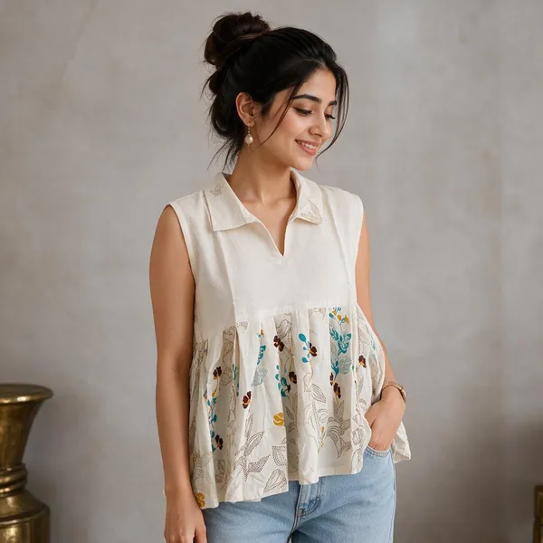 Cream_Khadi_Cotton_Floral_Print_Sleeveless_Peplum_Top_For_Women