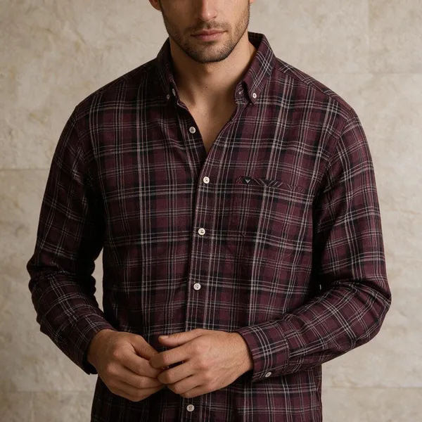 Maroon_Linen_Oxford_Checked_Full_Sleeve_Shirt_For_Men