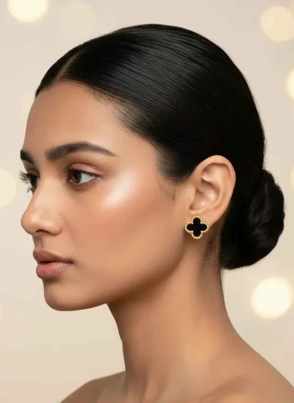 Black_Enamel_Clover_Stud_Earrings_18k_Gold_Tone_Luxury_Jewellery