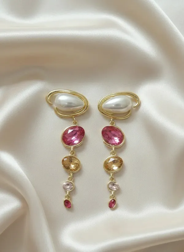 Pearl_Ruby_Cascade_Earrings_Gold_Tone_Statement_Jewellery