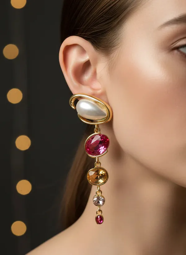 Pearl_Ruby_Cascade_Earrings_Gold_Tone_Statement_Jewellery