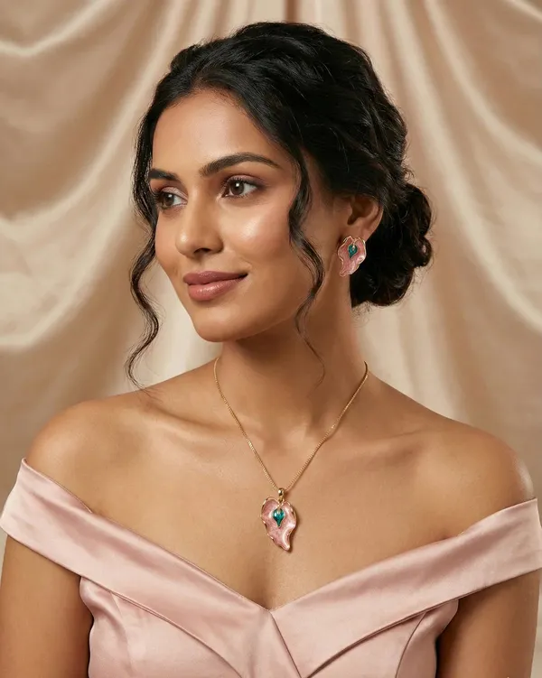 Pink_Enamel_Leaf_Pendant_Set_Gold_Tone_Finish