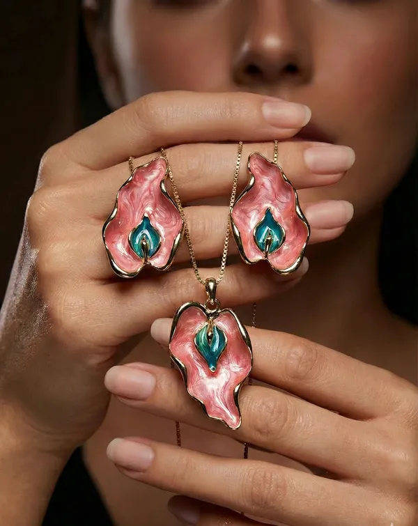 Pink_Enamel_Leaf_Pendant_Set_Gold_Tone_Finish