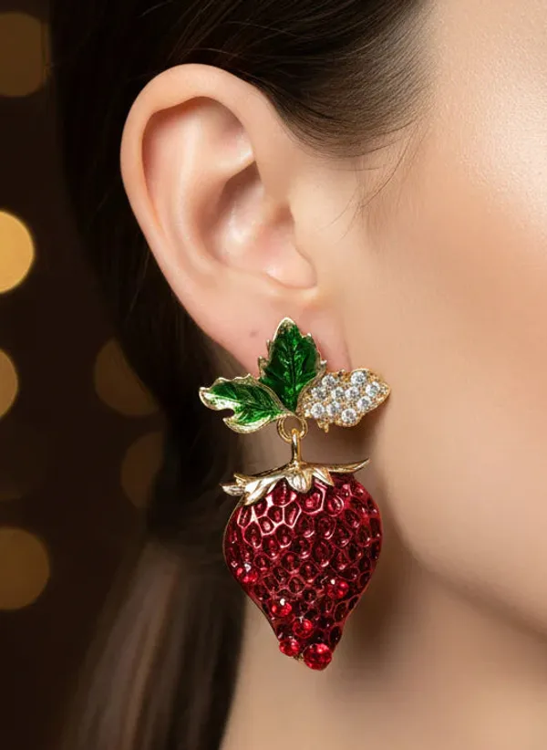 Scarlet_Strawberry_Earrings_Gold_Tone_Playful_Statement_Jewellery