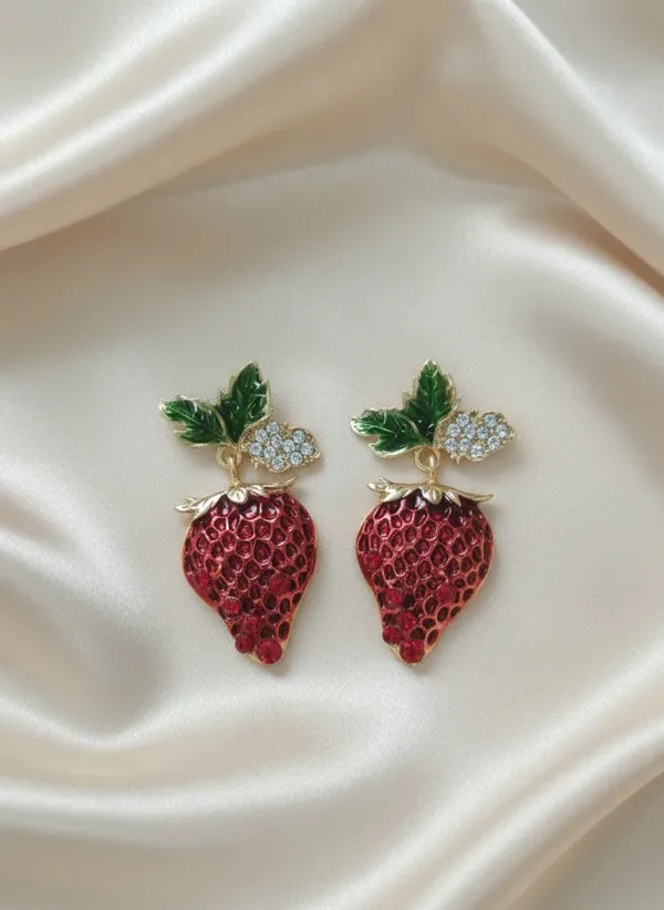 Scarlet_Strawberry_Earrings_Gold_Tone_Playful_Statement_Jewellery