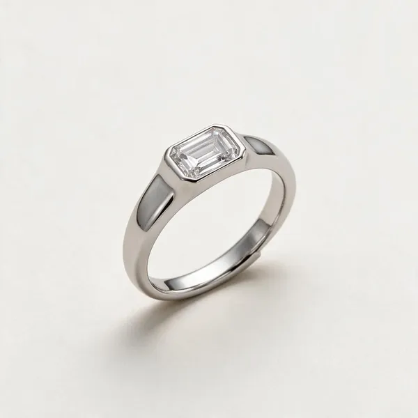Bezel_Set_Emerlald_Cut_Moissanite_Diamond_Ring_Silver