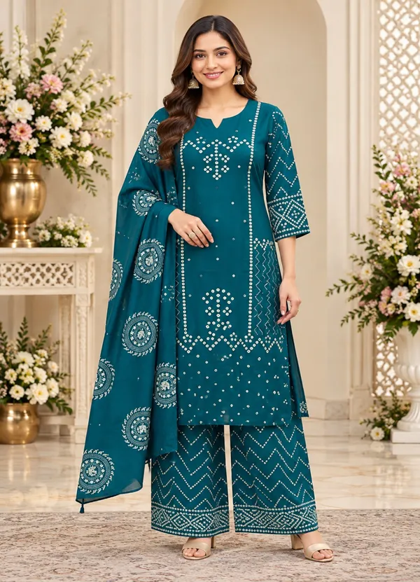 Teal_Printed_Straight_Kurta_Palazzo_Dupatta_Set_For_Women