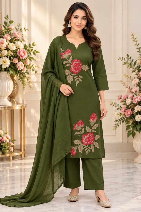 Olive_Green_Floral_Embroidered_Straight_Kurta_Suit_Set_For_Women