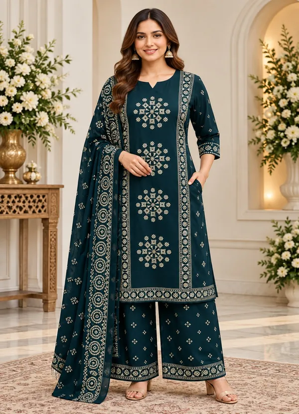 Teal_Floral_Printed_Straight_Kurta_Palazzo_Dupatta_Set_For_Women