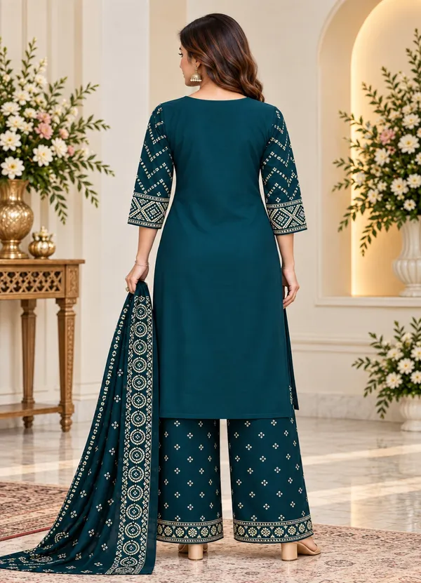 Teal_Floral_Printed_Straight_Kurta_Palazzo_Dupatta_Set_For_Women