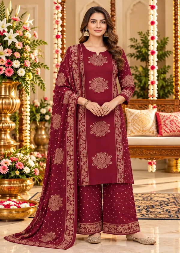 Maroon_Floral_Printed_Straight_Kurta_Palazzo_Dupatta_Set_For_Women
