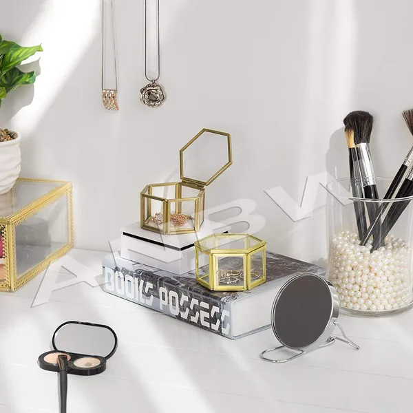 Anbw_Handicraft_Small_Hexagonal_Clear_Glass_Brass_Metal_Jewelry_Cases_Set_Of_2_Size_3_1_L_2_8_W_1_8_H_Inches