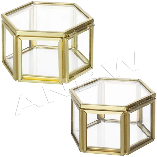 Anbw_Handicraft_Small_Hexagonal_Clear_Glass_Brass_Metal_Jewelry_Cases_Set_Of_2_Size_3_1_L_2_8_W_1_8_H_Inches