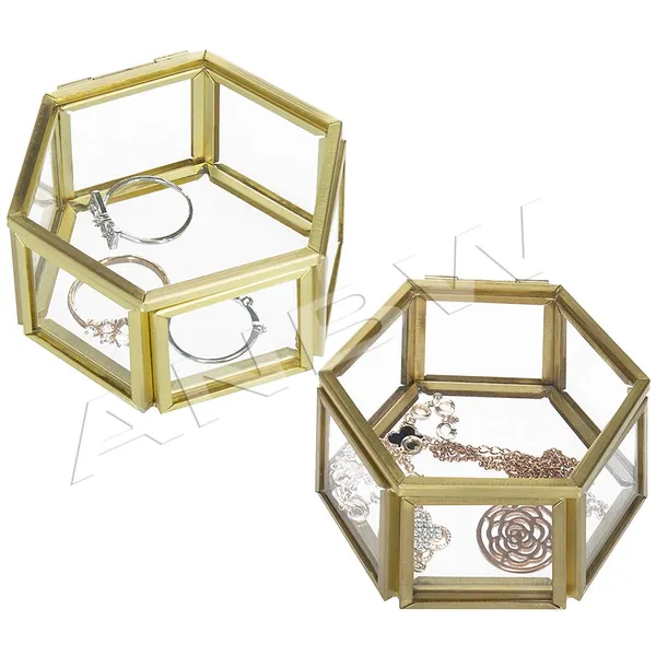 Anbw_Handicraft_Small_Hexagonal_Clear_Glass_Brass_Metal_Jewelry_Cases_Set_Of_2_Size_3_1_L_2_8_W_1_8_H_Inches
