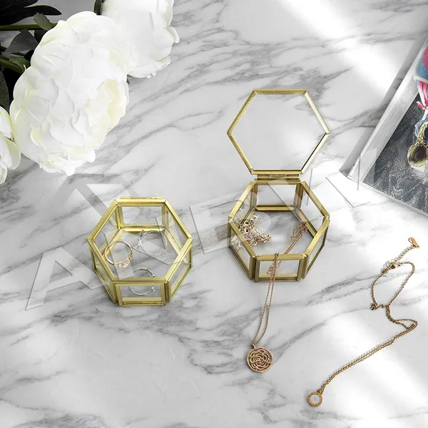 Anbw_Handicraft_Small_Hexagonal_Clear_Glass_Brass_Metal_Jewelry_Cases_Set_Of_2_Size_3_1_L_2_8_W_1_8_H_Inches