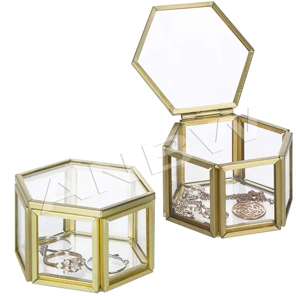 Anbw_Handicraft_Small_Hexagonal_Clear_Glass_Brass_Metal_Jewelry_Cases_Set_Of_2_Size_3_1_L_2_8_W_1_8_H_Inches