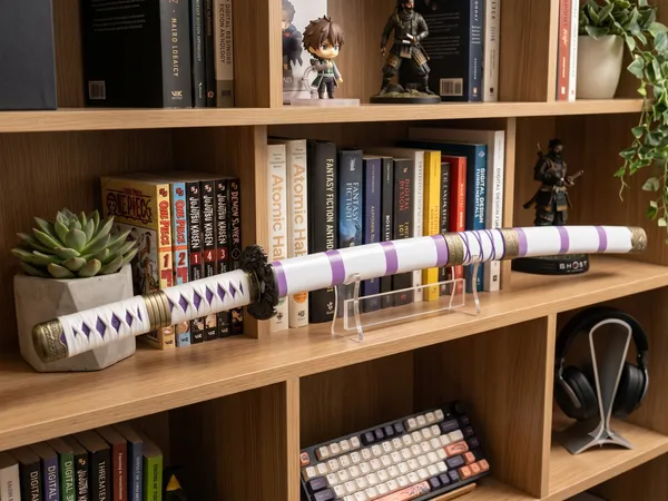 White_And_Purple_Katana_Style_Decorative_Sword_With_Stand
