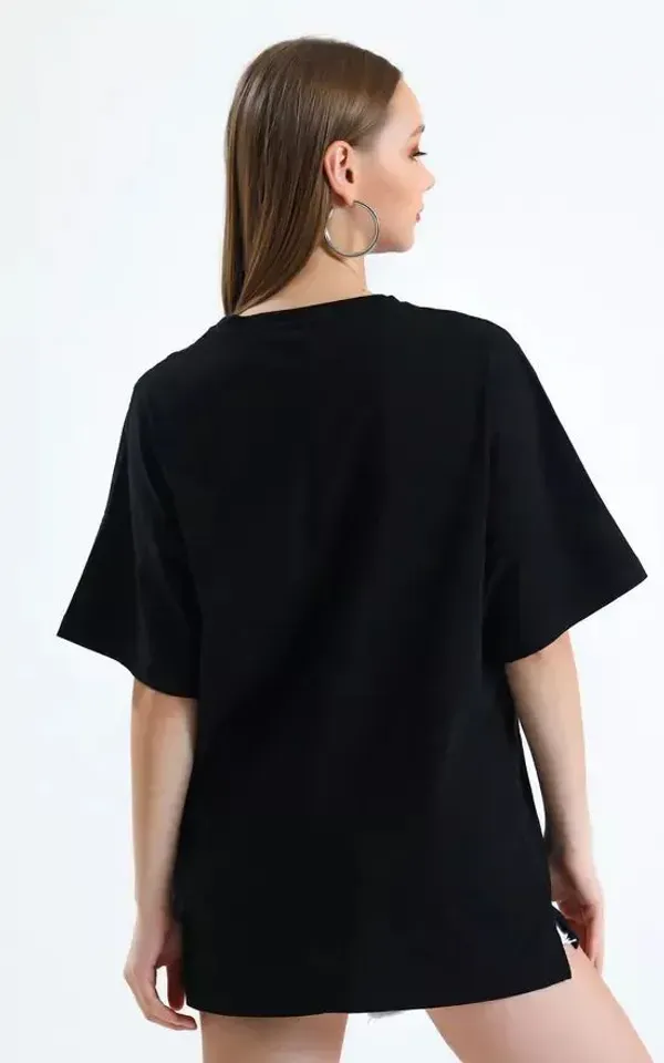 Black_Polycotton_Printed_Round_Neck_T-Shirt_For_Women