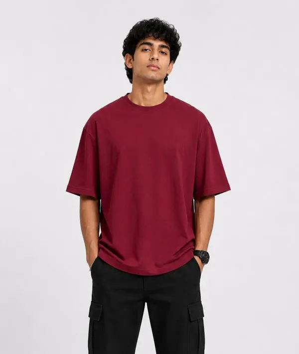 Maroon_Cotton_Solid_Oversized_Round_Neck_T-Shirt_For_Men