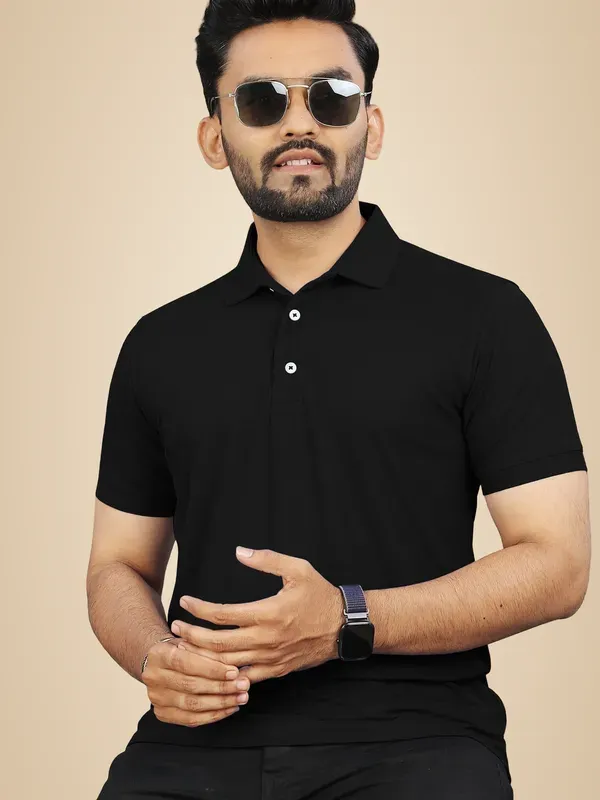 Black_Polycotton_Solid_Regular_Fit_Polo_T-Shirt_For_Men