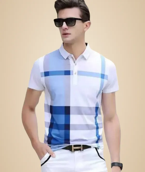 White_And_Blue_Polycotton_Striped_Regular_Fit_Polo_T-Shirt_For_Men