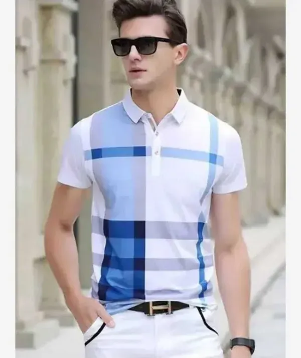 White_And_Blue_Polycotton_Striped_Regular_Fit_Polo_T-Shirt_For_Men