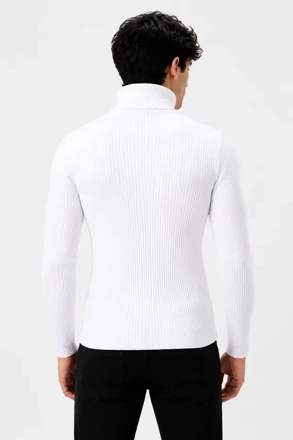 White_Wool_Blend_Ribbed_Slim_Fit_Turtleneck_Sweater_For_Men