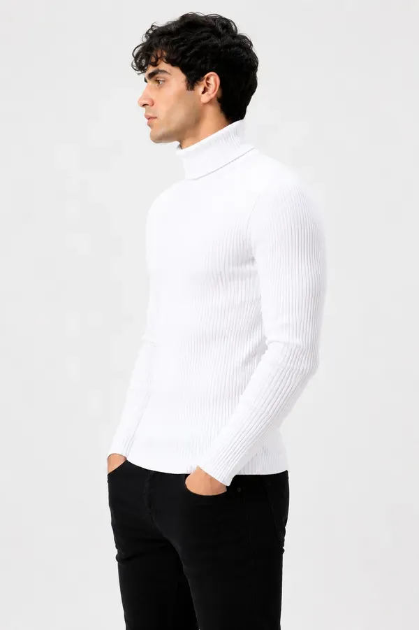 White_Wool_Blend_Ribbed_Slim_Fit_Turtleneck_Sweater_For_Men