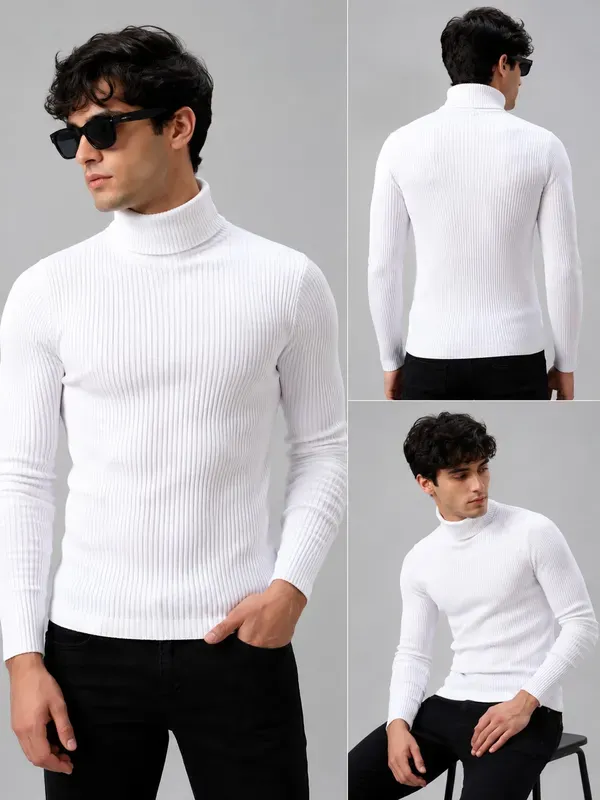 White_Wool_Blend_Ribbed_Slim_Fit_Turtleneck_Sweater_For_Men