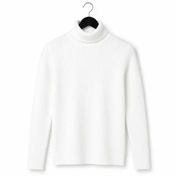 White_Wool_Blend_Ribbed_Slim_Fit_Turtleneck_Sweater_For_Men