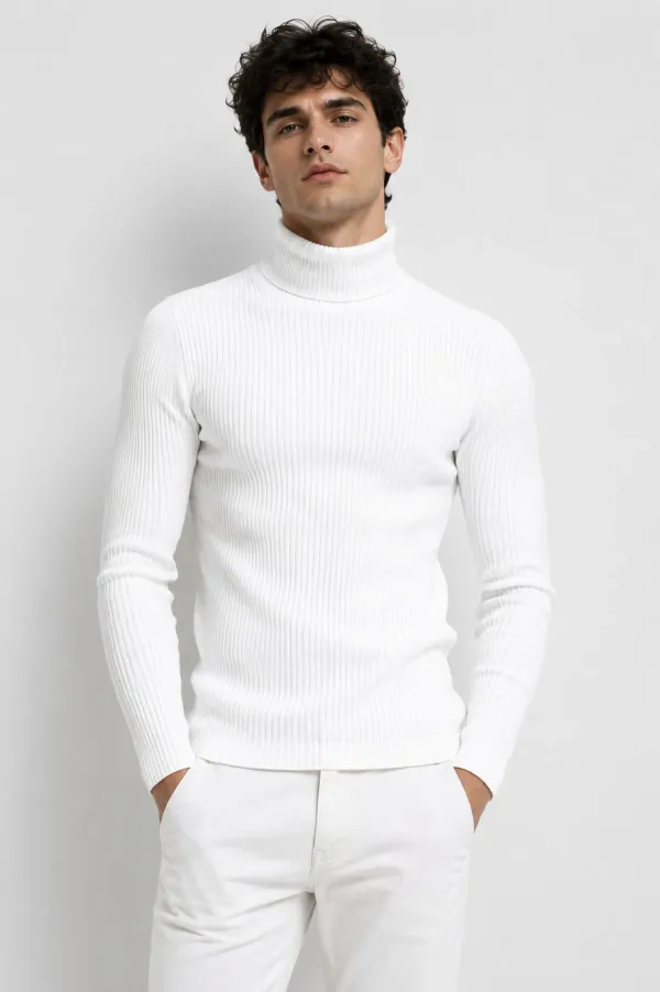 White_Wool_Blend_Ribbed_Slim_Fit_Turtleneck_Sweater_For_Men