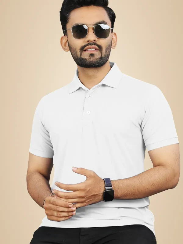 White_Polycotton_Solid_Slim_Fit_Polo_T-Shirt_For_Men