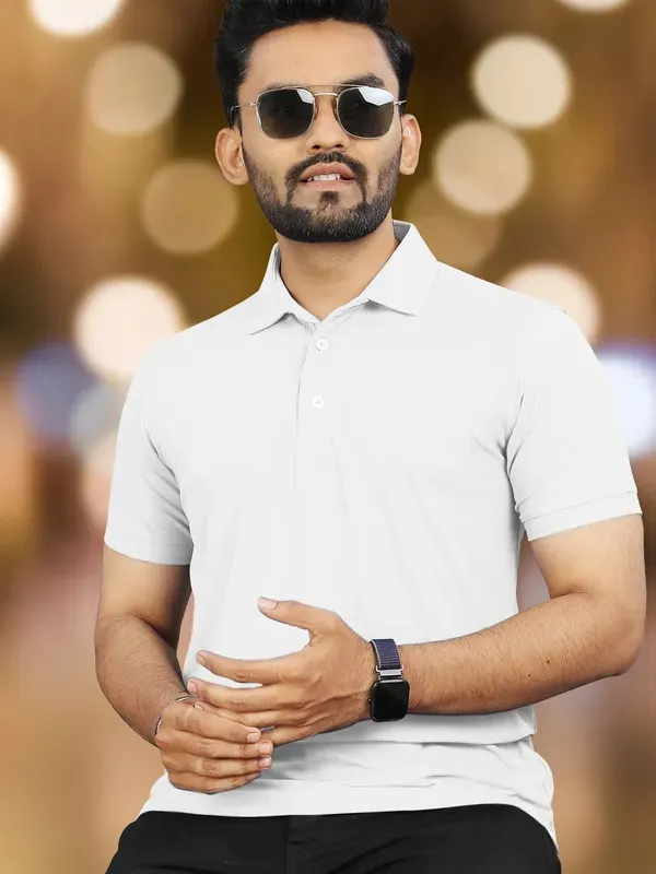 White_Polycotton_Solid_Slim_Fit_Polo_T-Shirt_For_Men