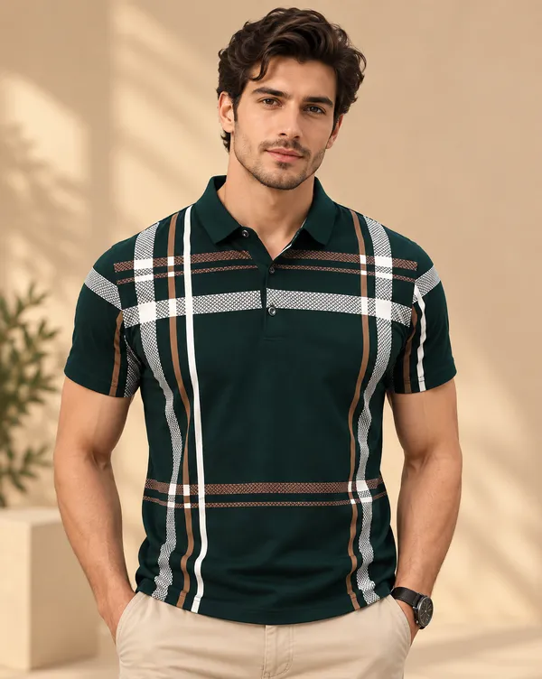 Green_Polycotton_Checkered_Regular_Fit_Polo_T-Shirt_For_Men