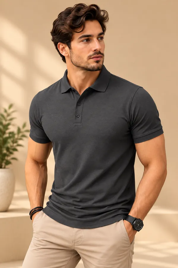 Dark_Gray_Polycotton_Regular_Fit_Polo_T-Shirt_For_Men