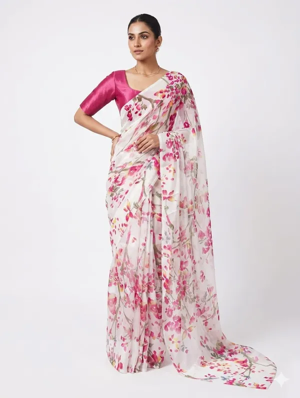 White_Floral_Printed_Saree_For_Women