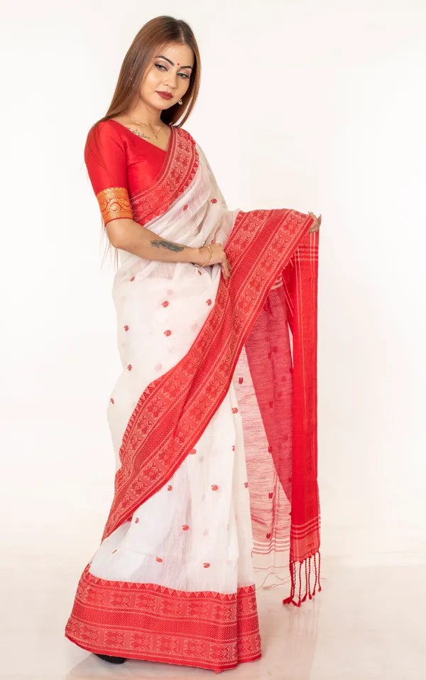 White_Cotton_Geometric_Border_Printed_Saree_For_Women