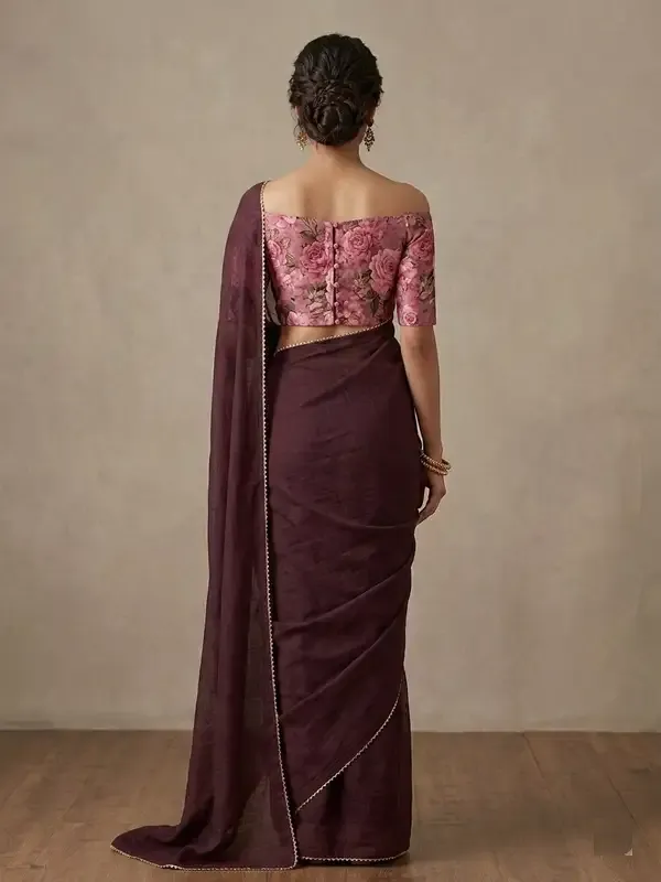 Wine_Solid_Saree_With_Floral_Print_Blouse_For_Women