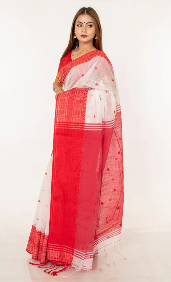 White_Cotton_Geometric_Border_Printed_Saree_For_Women