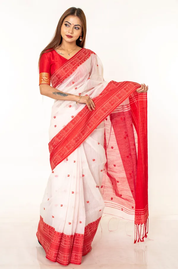 White_Cotton_Geometric_Border_Printed_Saree_For_Women