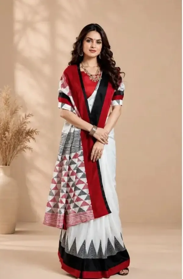 White_Geometric_Print_Saree_For_Women