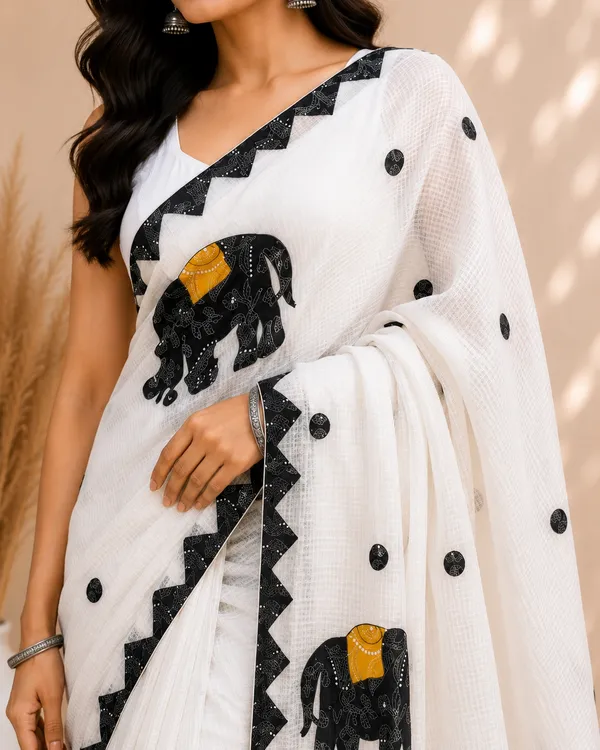 White_Textured_Elephant_Motif_Printed_Saree_For_Women