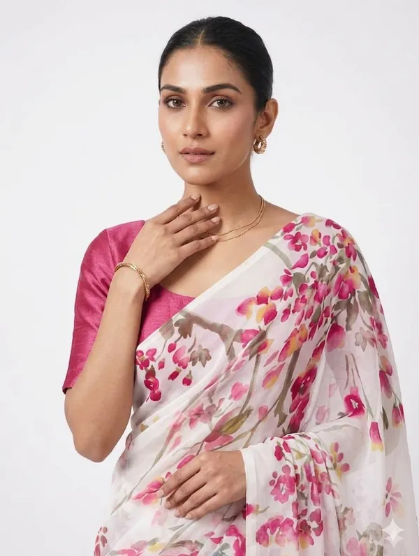 White_Floral_Printed_Saree_For_Women